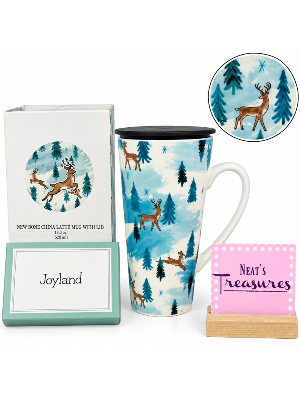 Joyland CHRISTMAS REINDEER Winter Scene Bone China Lidded 18.3 oz Latte Mug New